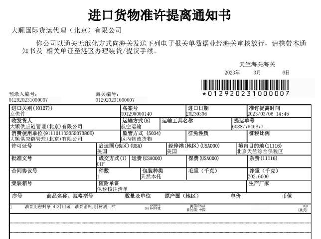 進口貨物準許提離通知書(樣例)